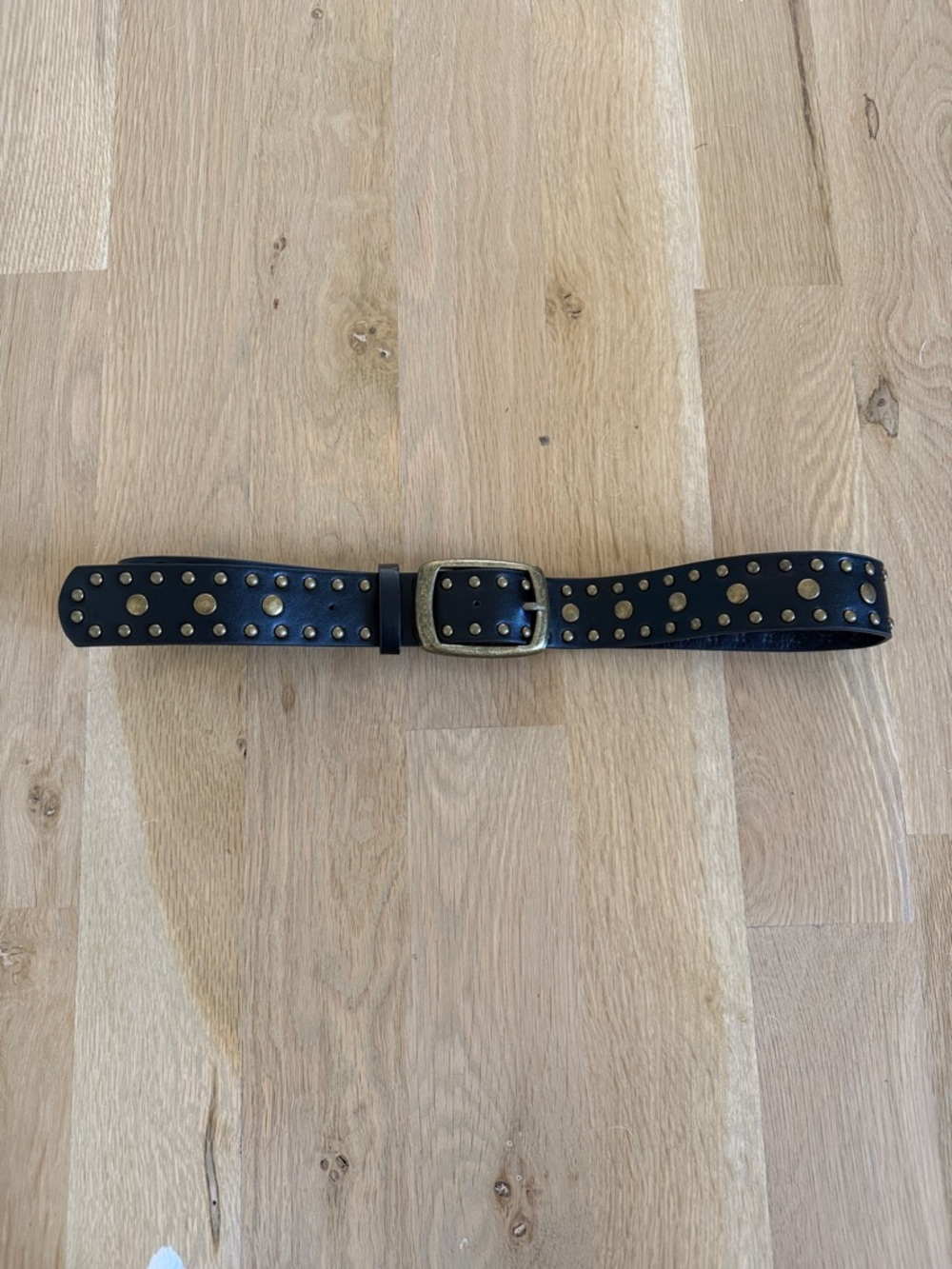 Black Studded Leather Belt with Antique Brass Buckle